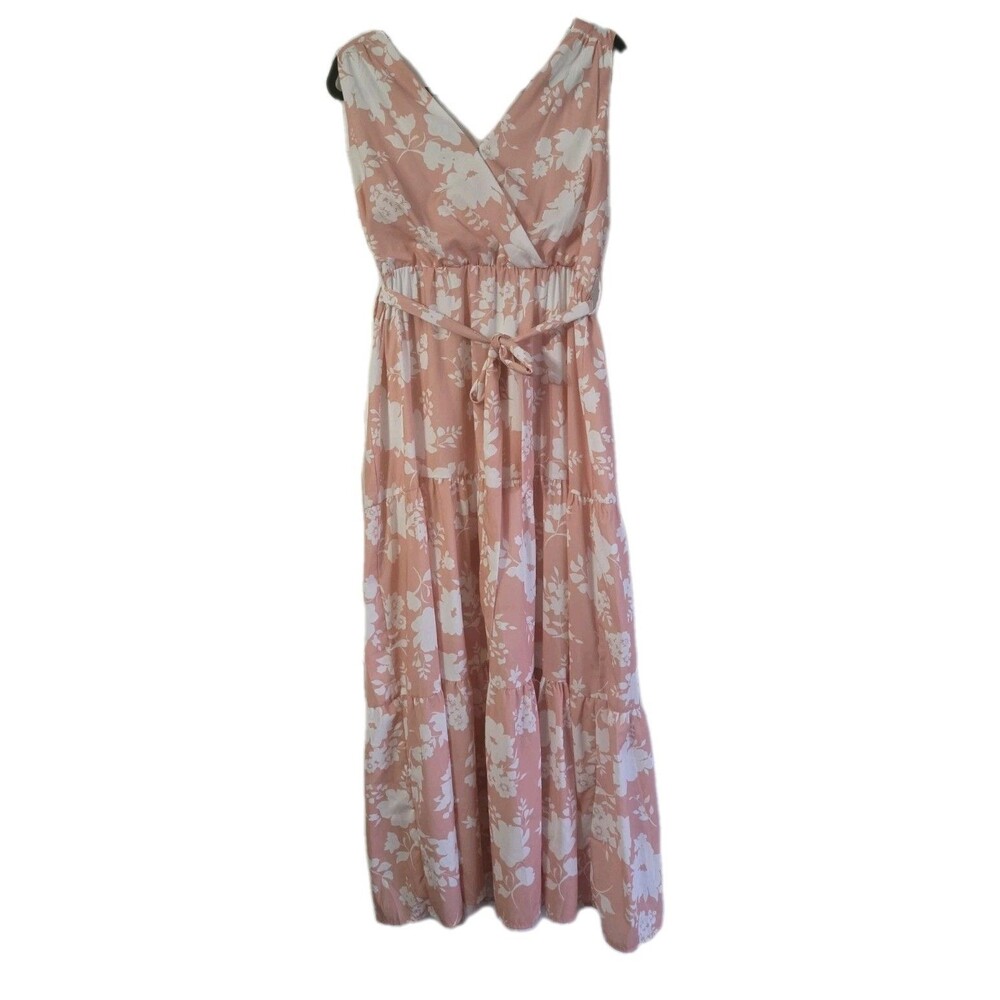 Sleeveless Spring Maxi Dress Pastel Peachy Coral Pink Floral 54" Long Easter XL